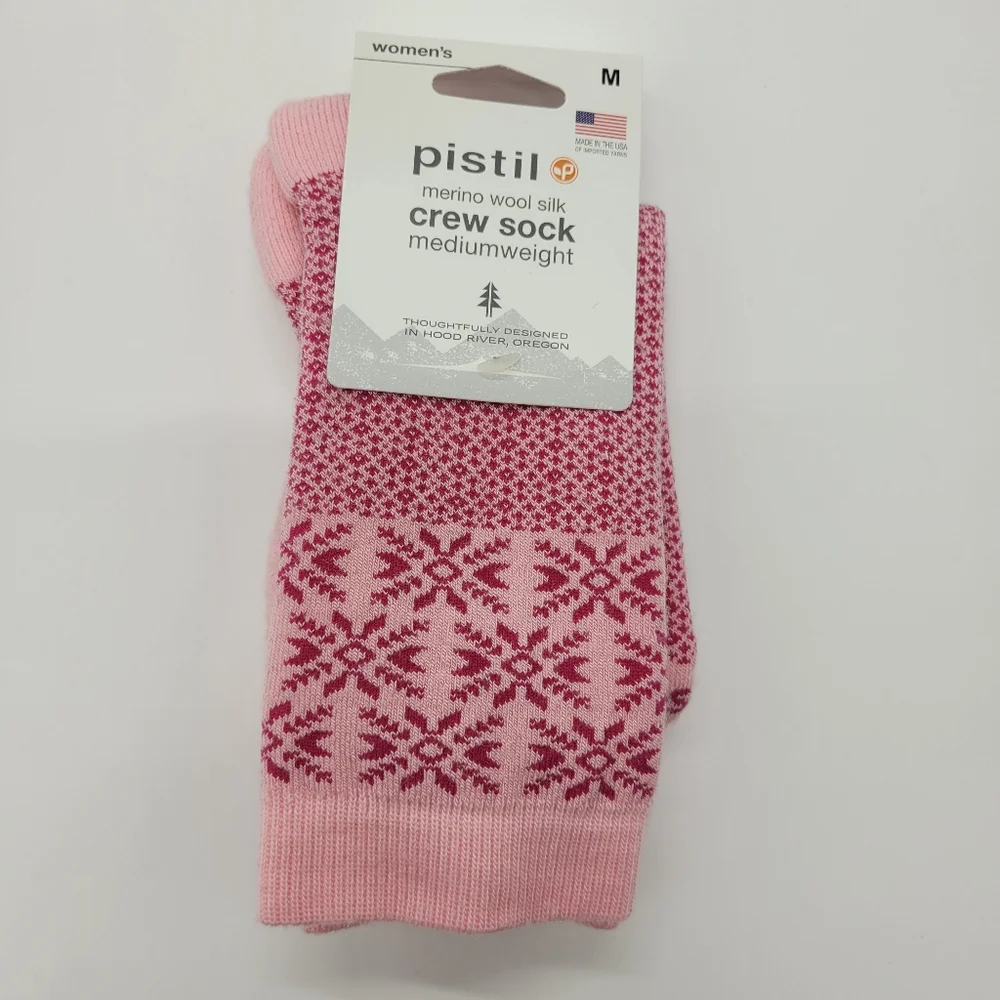 Pistil Astrid Crew Socks Merino Wool Silk Blend Pink Snowflake Womens Medium NEW